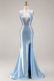 Sparkly Light Blue Halter Neck Mermaid Beaded Floral Corset Long Prom Dress with Slit