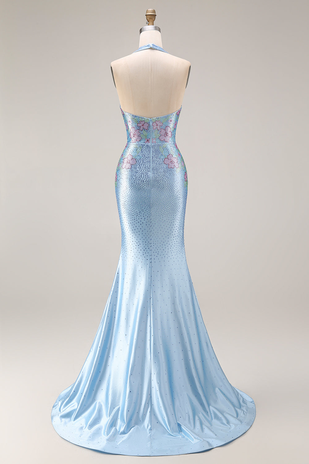 Sparkly Light Blue Halter Neck Mermaid Beaded Floral Corset Long Prom Dress with Slit