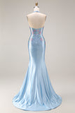 Sparkly Light Blue Halter Neck Mermaid Beaded Floral Corset Long Prom Dress with Slit