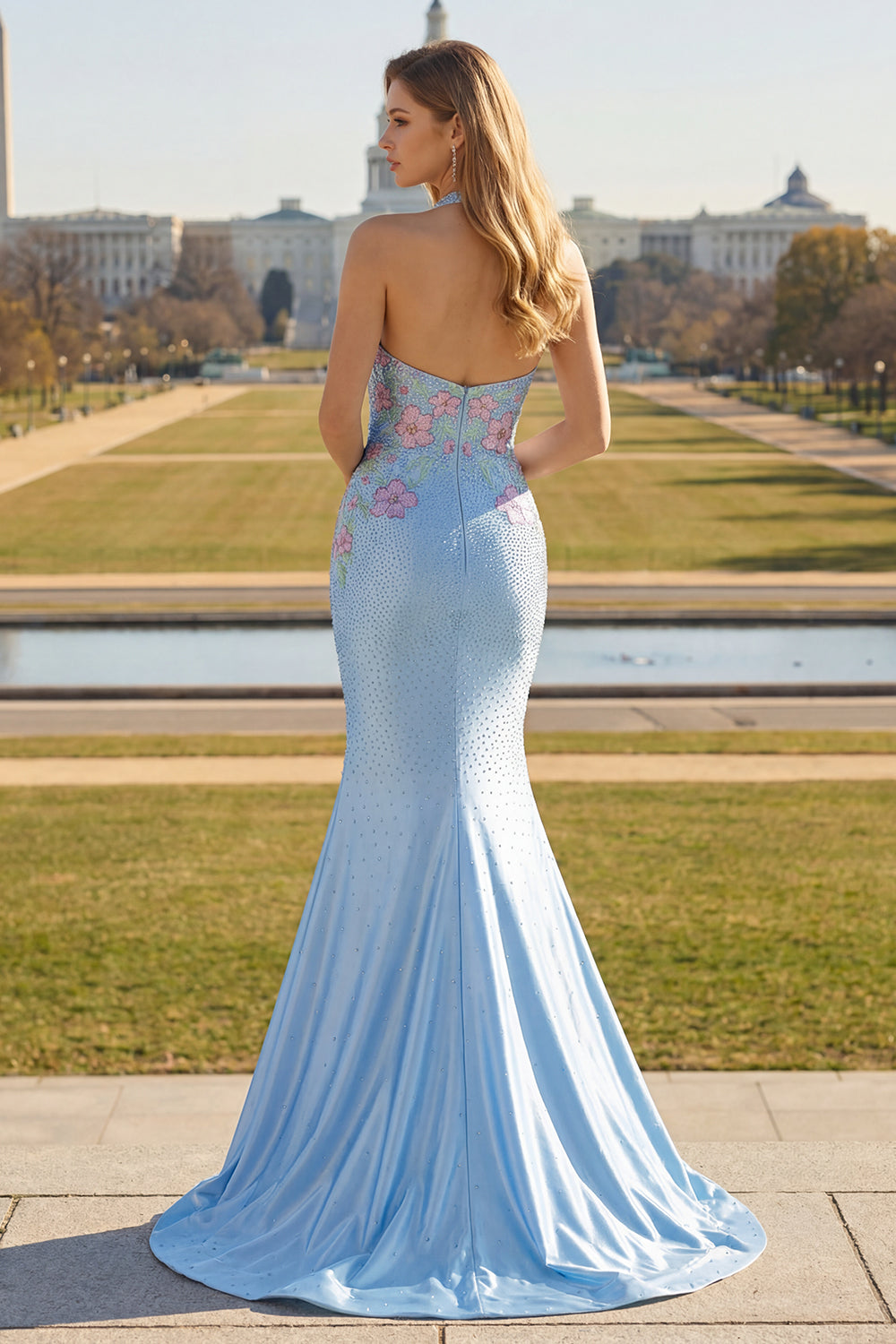 Zapakasa Women Sparkly Light Blue Floral Long Corset Prom Dress with