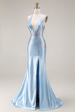 Sparkly Light Blue Halter Neck Mermaid Beaded Floral Corset Long Prom Dress with Slit