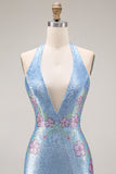 Sparkly Light Blue Halter Neck Mermaid Beaded Floral Corset Long Prom Dress with Slit