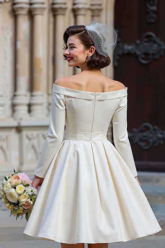 White A Line Off the Shoulder Short Wedding Dress with Bow