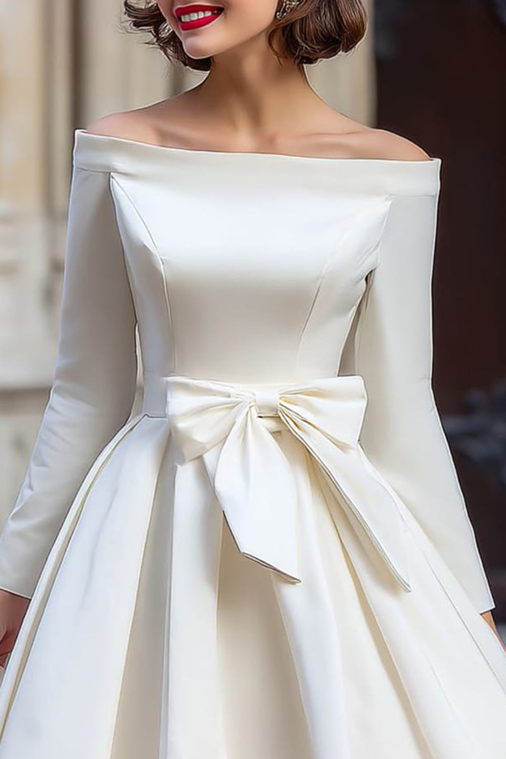 White A Line Off the Shoulder Short Wedding Dress with Bow