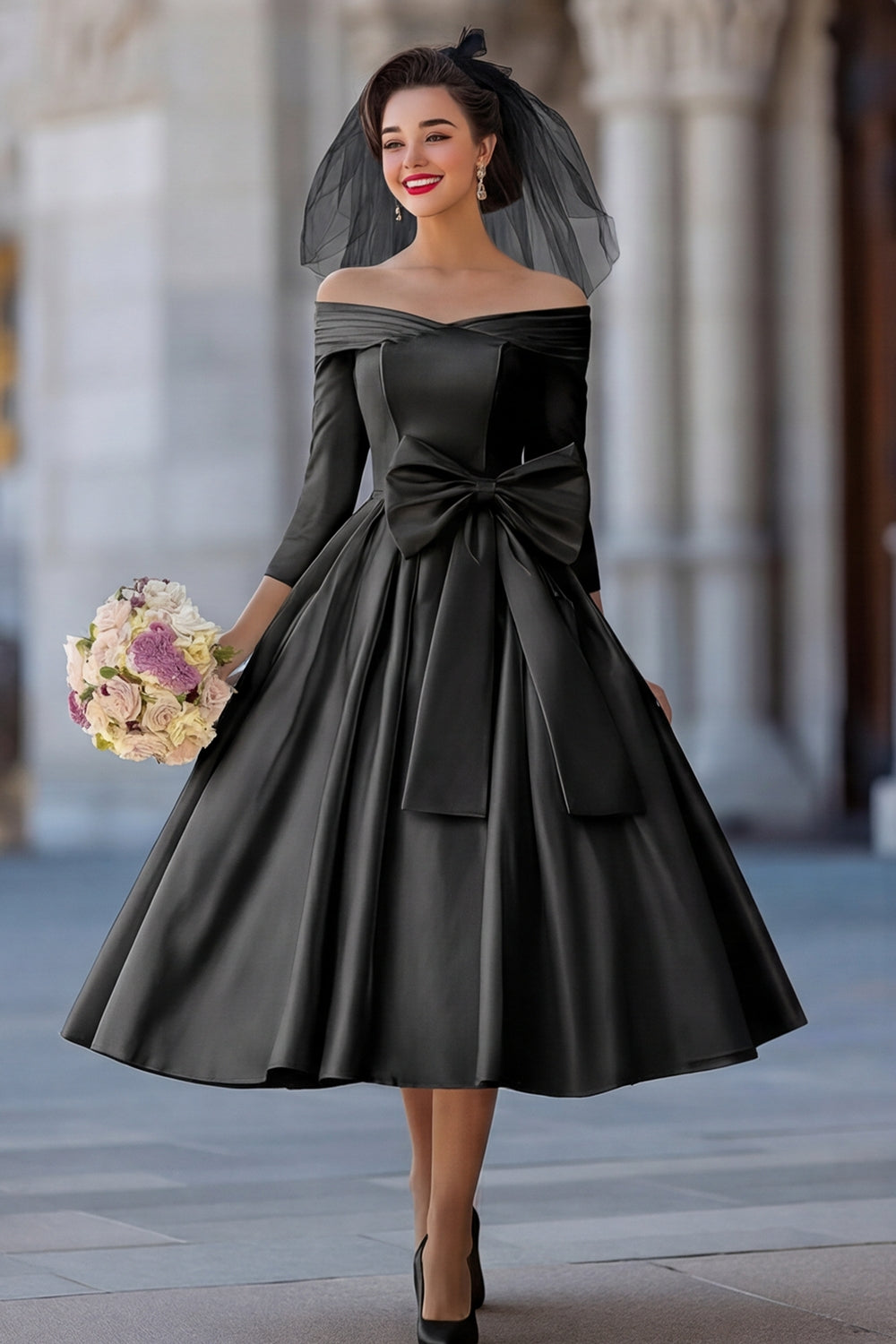 Ivory A Line Off the Shoulder Midi Wedding Dress with Bow