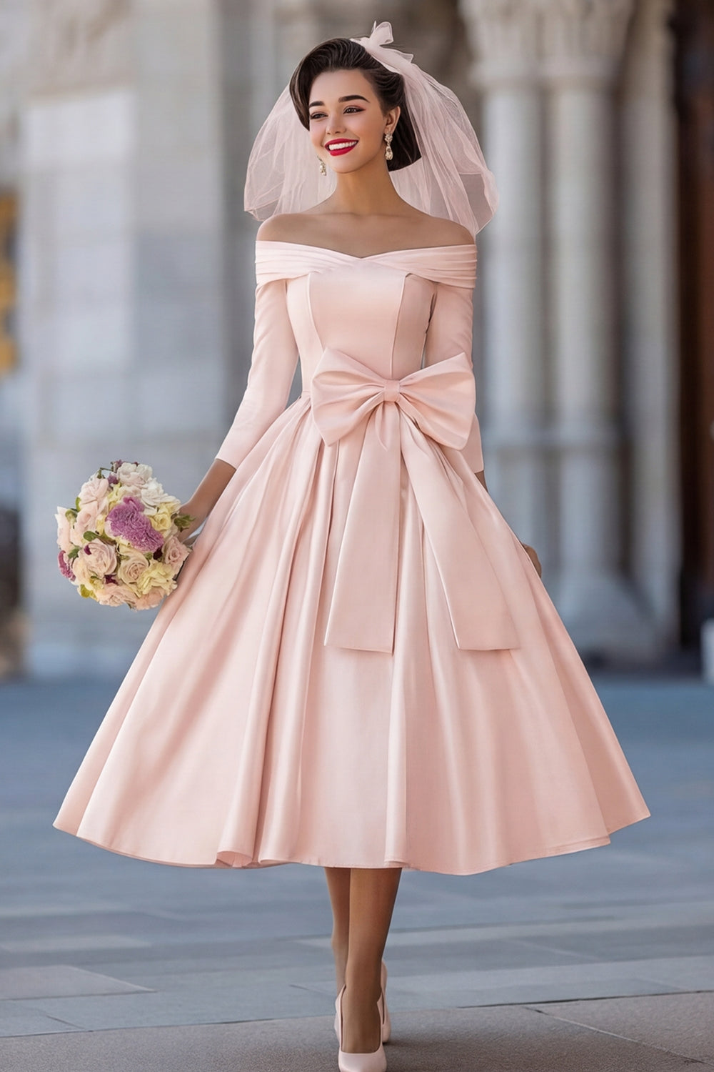 blush midi wedding dress Blush Pink Lace Wedding Dress: Off-The-Shoulder Midi
