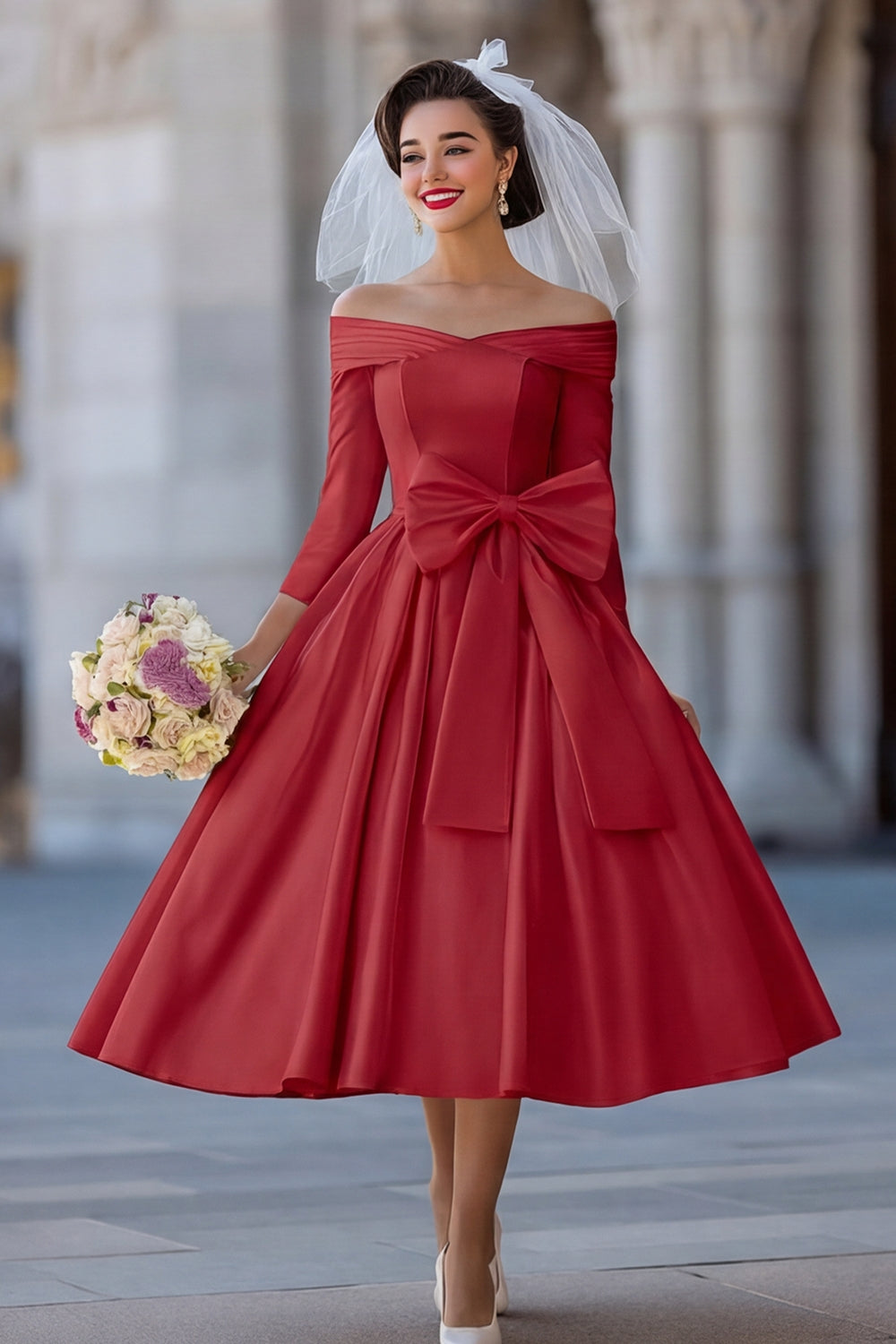 Ivory A Line Off the Shoulder Midi Wedding Dress with Bow