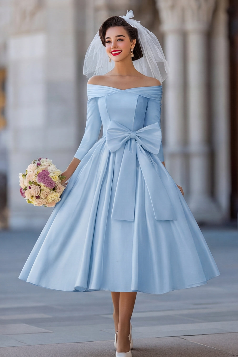 Ivory A Line Off the Shoulder Midi Wedding Dress with Bow