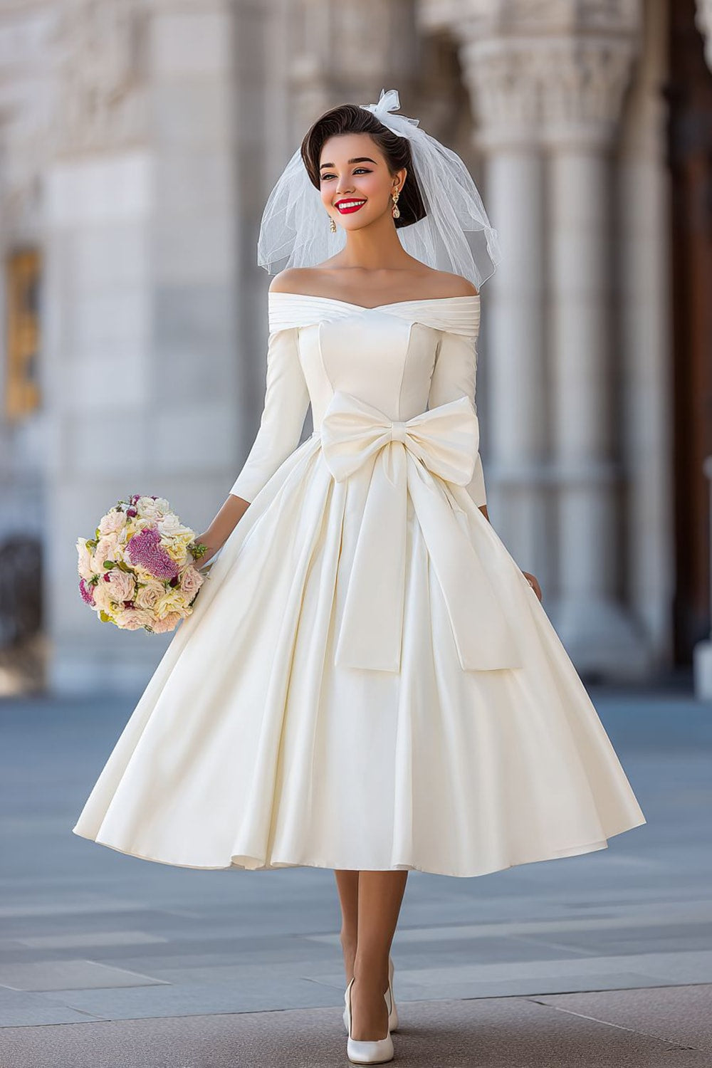 Ivory A Line Off the Shoulder Midi Wedding Dress with Bow