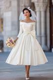 Ivory A Line Off the Shoulder Midi Wedding Dress with Bow
