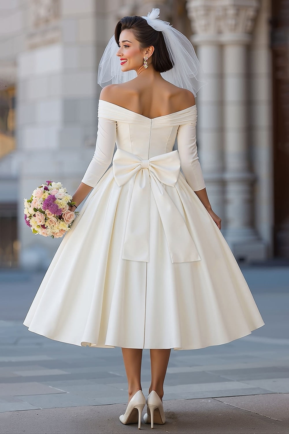 Ivory A Line Off the Shoulder Midi Wedding Dress with Bow