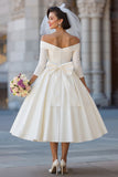 Ivory A Line Off the Shoulder Midi Wedding Dress with Bow