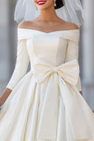 Ivory A Line Off the Shoulder Midi Wedding Dress with Bow