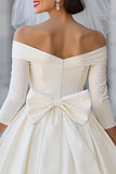Ivory A Line Off the Shoulder Midi Wedding Dress with Bow