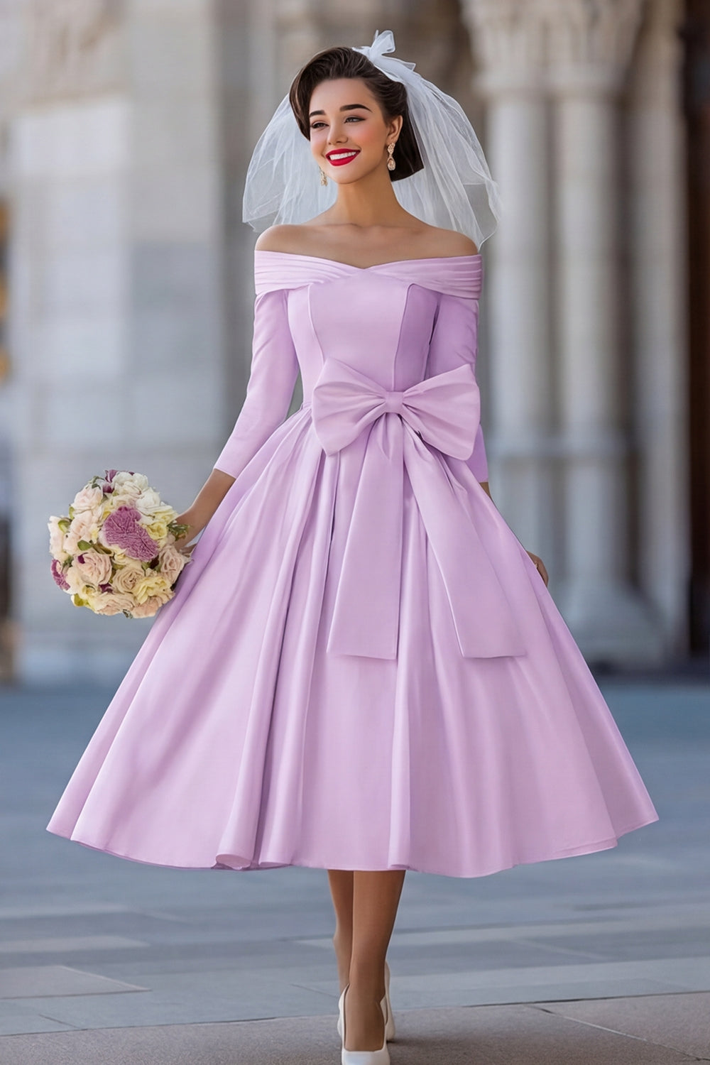 Ivory A Line Off the Shoulder Midi Wedding Dress with Bow