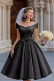 Ivory A Line Backless Off the Shoulder Midi Wedding Dress with Bow