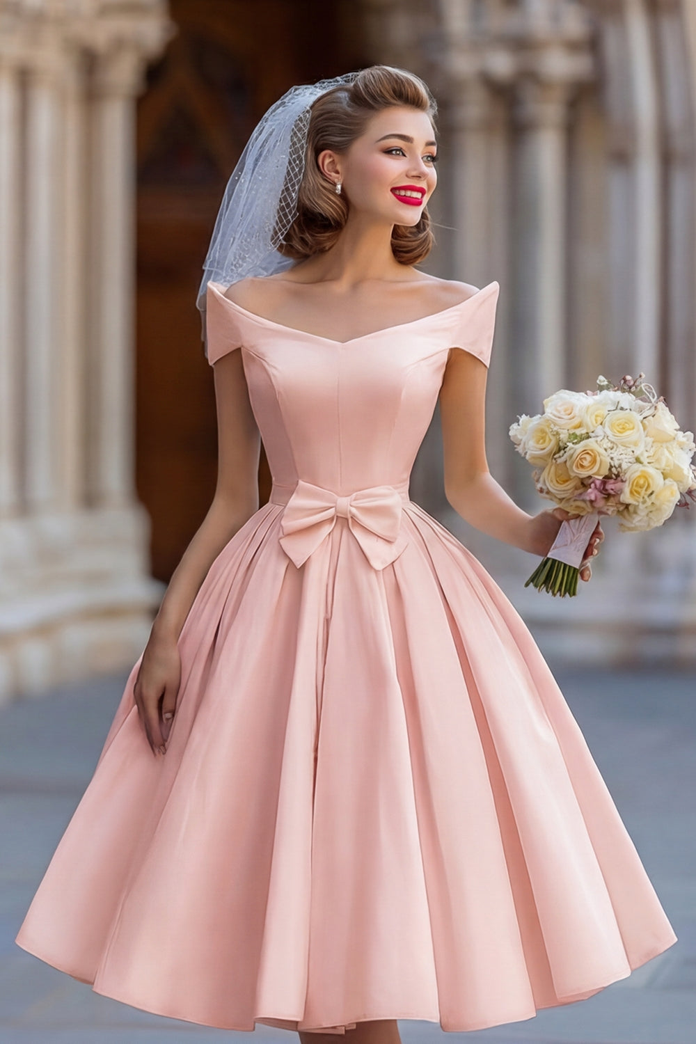 Ivory A Line Backless Off the Shoulder Midi Wedding Dress with Bow