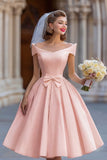 Ivory A Line Backless Off the Shoulder Midi Wedding Dress with Bow