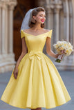 Ivory A Line Backless Off the Shoulder Midi Wedding Dress with Bow