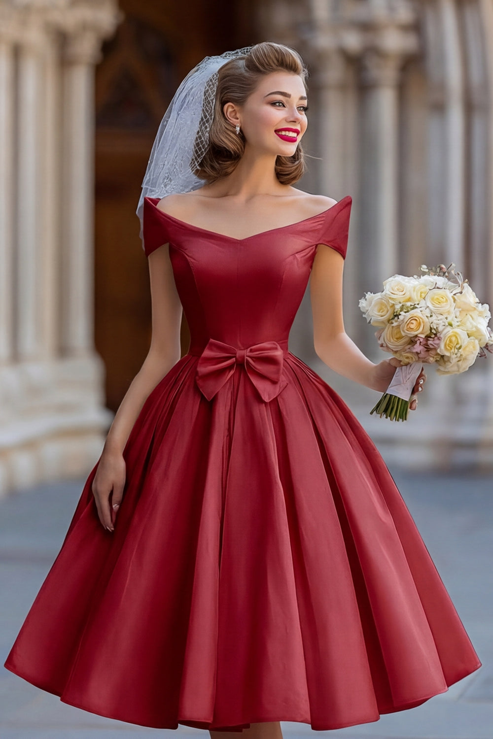 Ivory A Line Backless Off the Shoulder Midi Wedding Dress with Bow