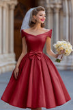 Ivory A Line Backless Off the Shoulder Midi Wedding Dress with Bow
