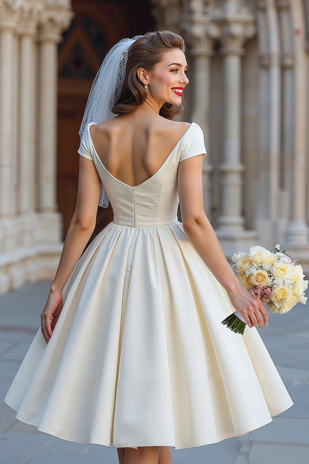 Ivory A Line Backless Off the Shoulder Midi Wedding Dress with Bow