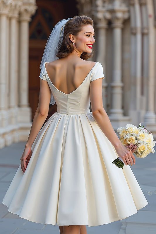 Ivory A Line Backless Off the Shoulder Midi Wedding Dress with Bow