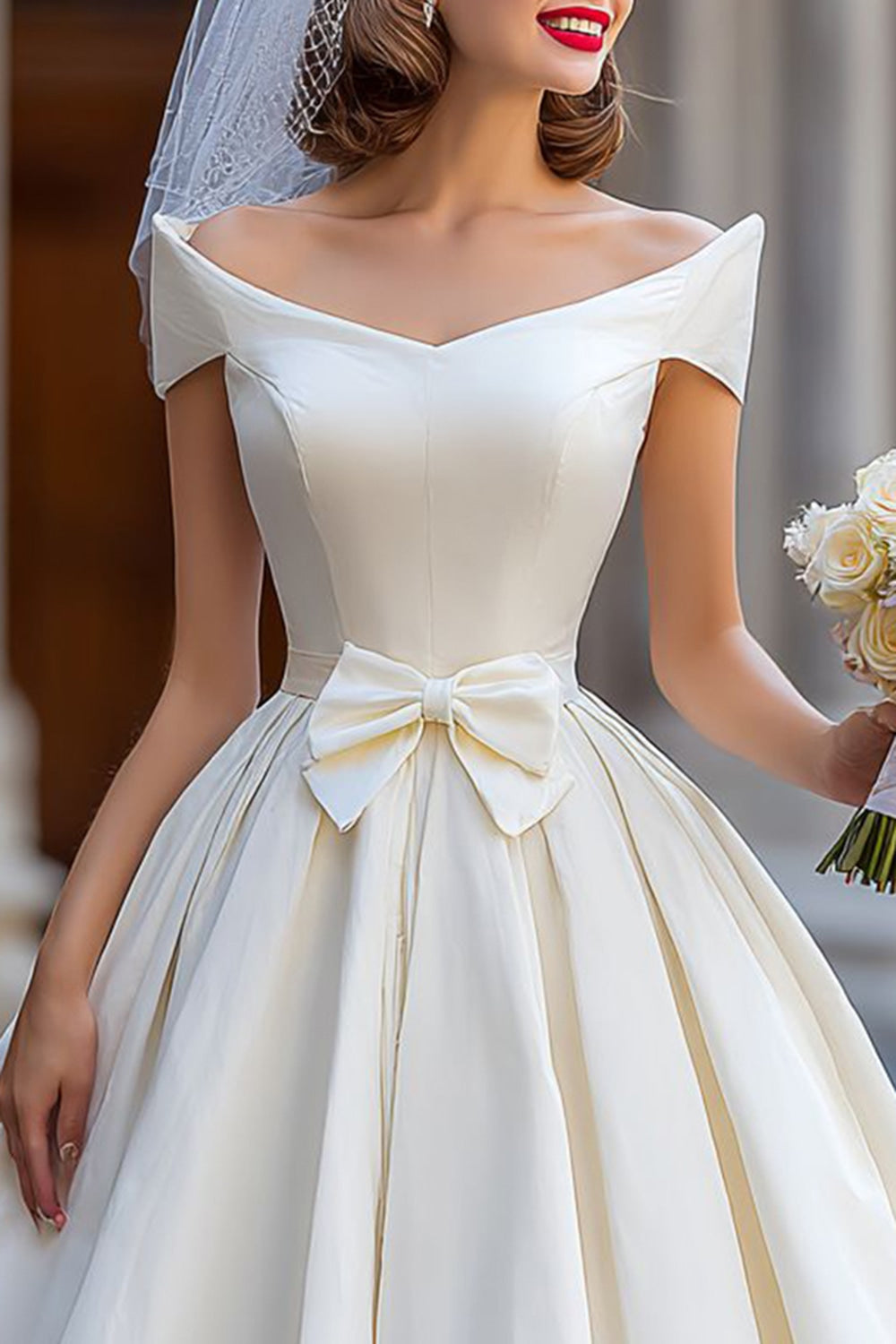 Ivory A Line Backless Off the Shoulder Midi Wedding Dress with Bow