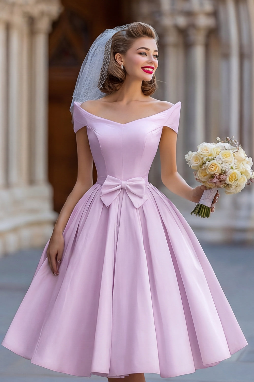 Ivory A Line Backless Off the Shoulder Midi Wedding Dress with Bow