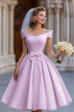 Ivory A Line Backless Off the Shoulder Midi Wedding Dress with Bow