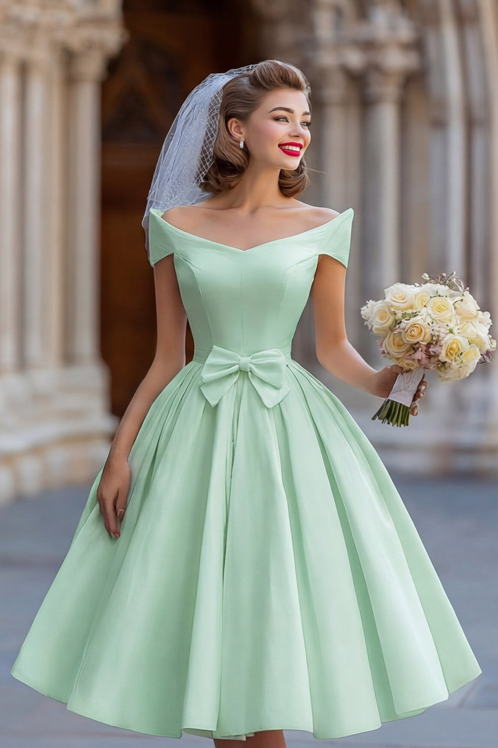 Ivory A Line Backless Off the Shoulder Midi Wedding Dress with Bow