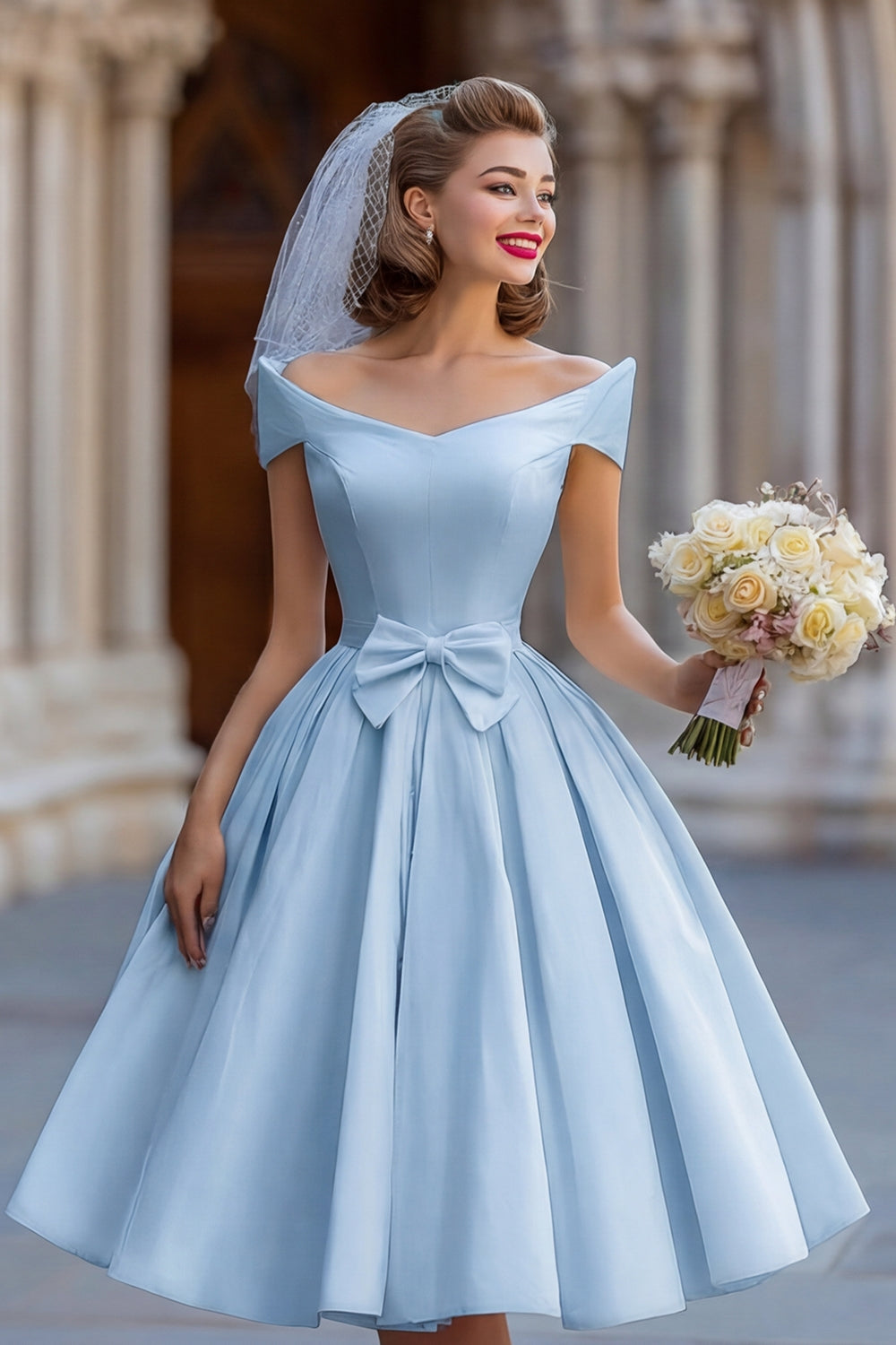 Ivory A Line Backless Off the Shoulder Midi Wedding Dress with Bow