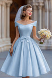 Ivory A Line Backless Off the Shoulder Midi Wedding Dress with Bow