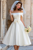 Ivory Off the Shoulder A Line Midi Wedding Dress with Bow