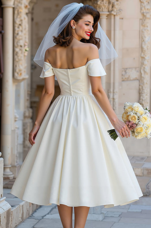 Ivory Off the Shoulder A Line Midi Wedding Dress with Bow