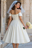 Ivory Off the Shoulder A Line Midi Wedding Dress with Bow