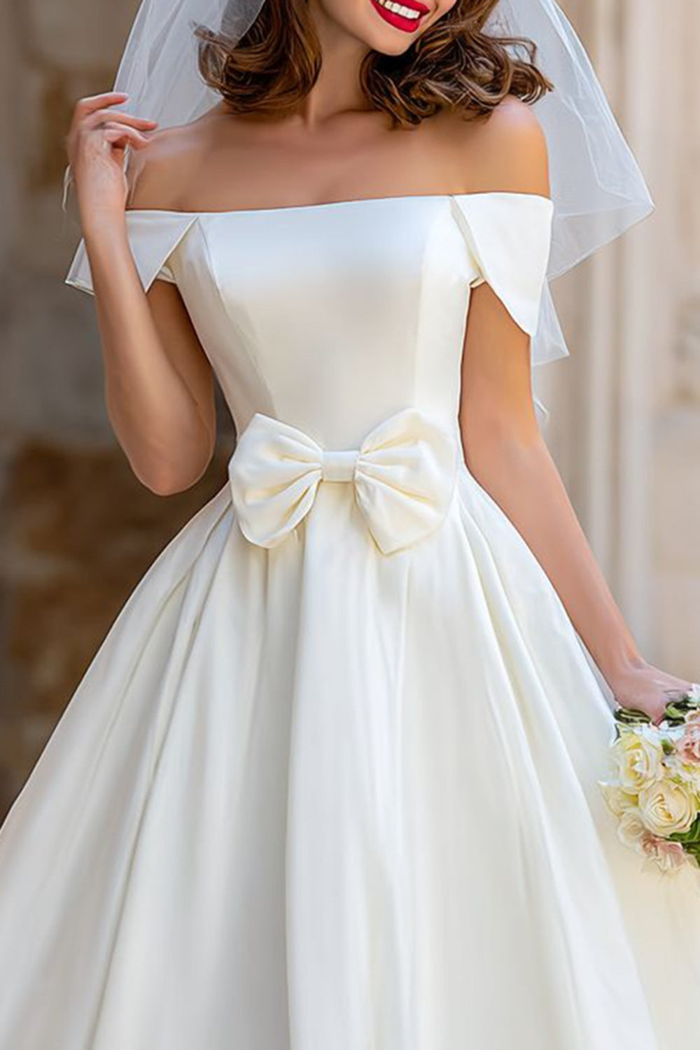 Ivory Off the Shoulder A Line Midi Wedding Dress with Bow