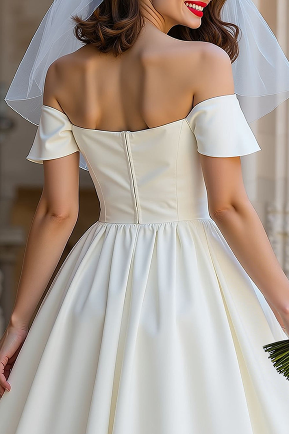 Ivory Off the Shoulder A Line Midi Wedding Dress with Bow
