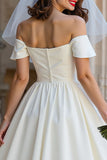 Ivory Off the Shoulder A Line Midi Wedding Dress with Bow