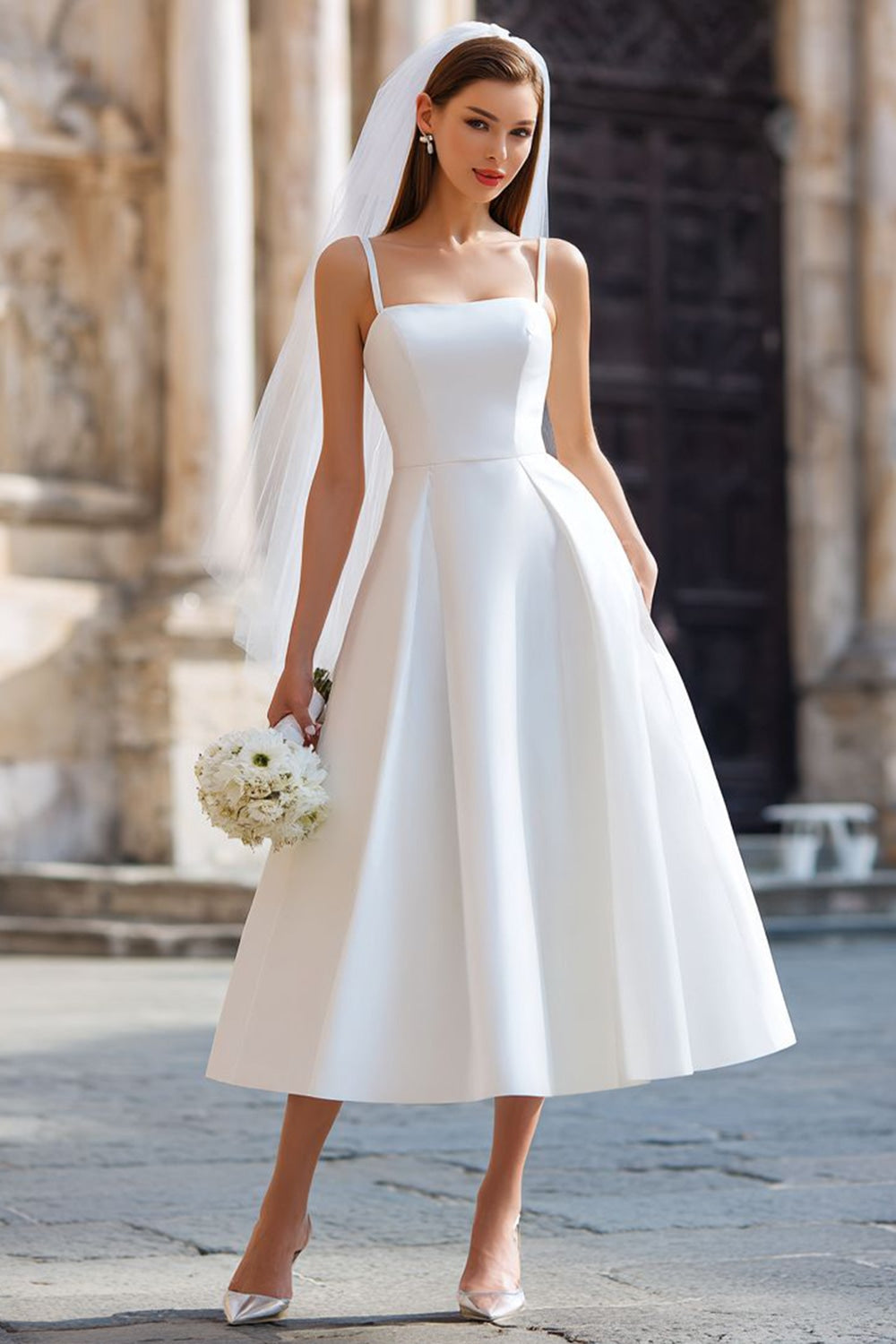 White Spaghetti Straps A Line Midi Wedding Dress with Bow