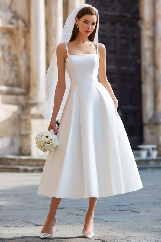 White Spaghetti Straps A Line Midi Wedding Dress with Bow