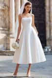 White Spaghetti Straps A Line Midi Wedding Dress with Bow