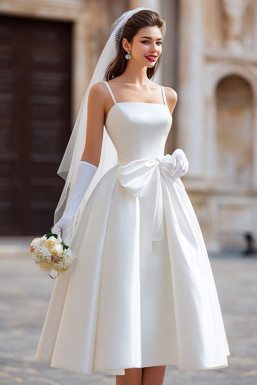 White Spaghetti Straps A Line Midi Wedding Dress with Bow