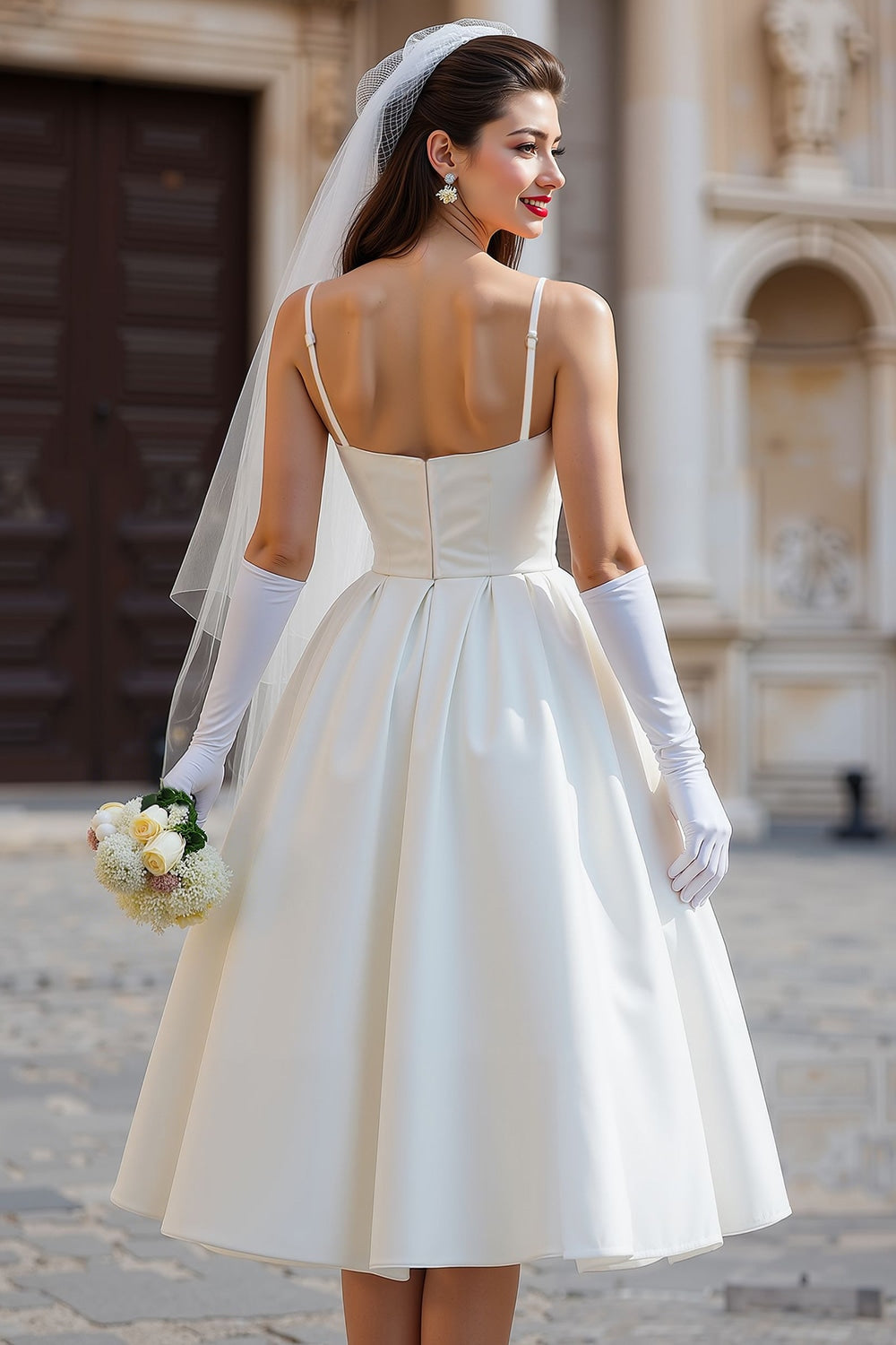 White Spaghetti Straps A Line Midi Wedding Dress with Bow
