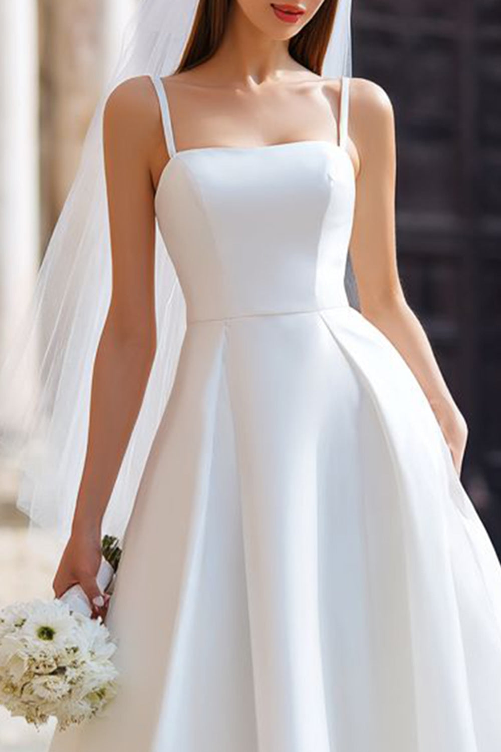 White Spaghetti Straps A Line Midi Wedding Dress with Bow