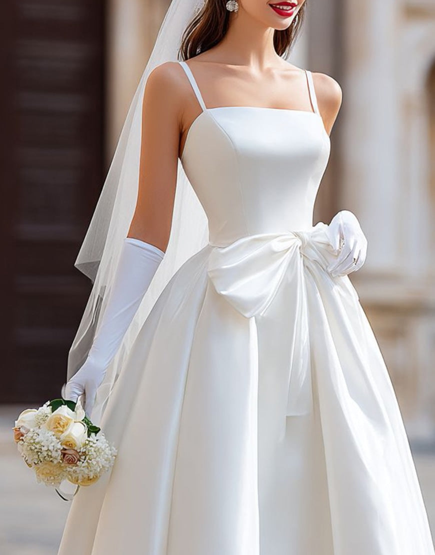 White Spaghetti Straps A Line Midi Wedding Dress with Bow
