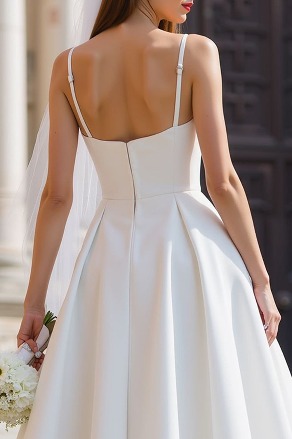 White Spaghetti Straps A Line Midi Wedding Dress with Bow