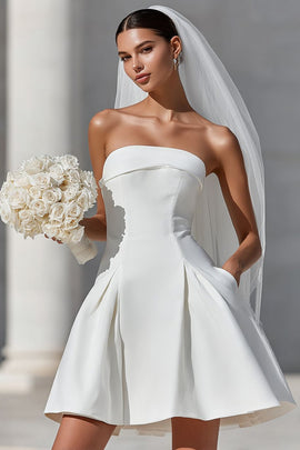 White Strapless A Line Satin Short Wedding Dress with Bow
