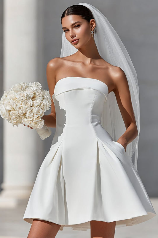 White Strapless A Line Satin Short Wedding Dress with Bow