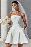 White Strapless A Line Satin Short Wedding Dress with Bow